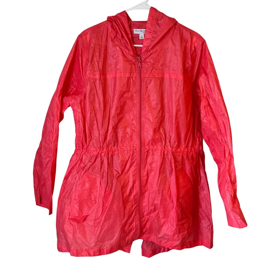 Kim Rogers Womens 1X Coral Pink Ripstop Hooded Windbreaker Jacket Full Zip